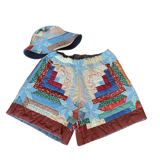 upcycled quilt shorts + bucket hat