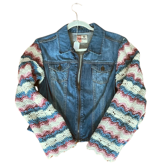 upcycled crochet sleeve denim jacket