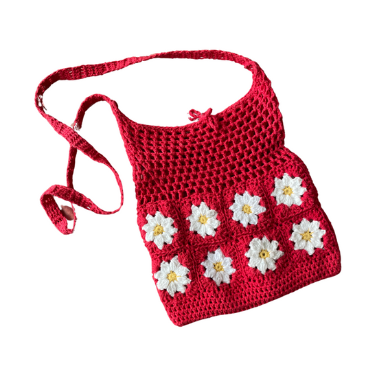 red crochet daisy cross-body purse