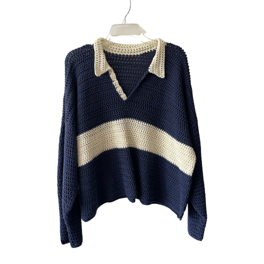 navy + cream crochet polo shirt