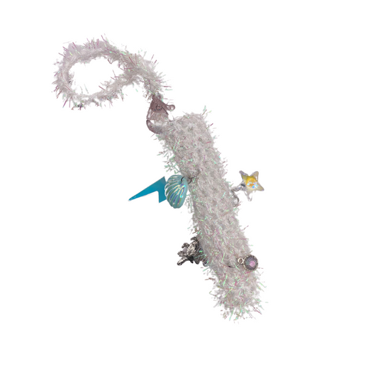 white sparkly charmed crochet doob tube wristlet