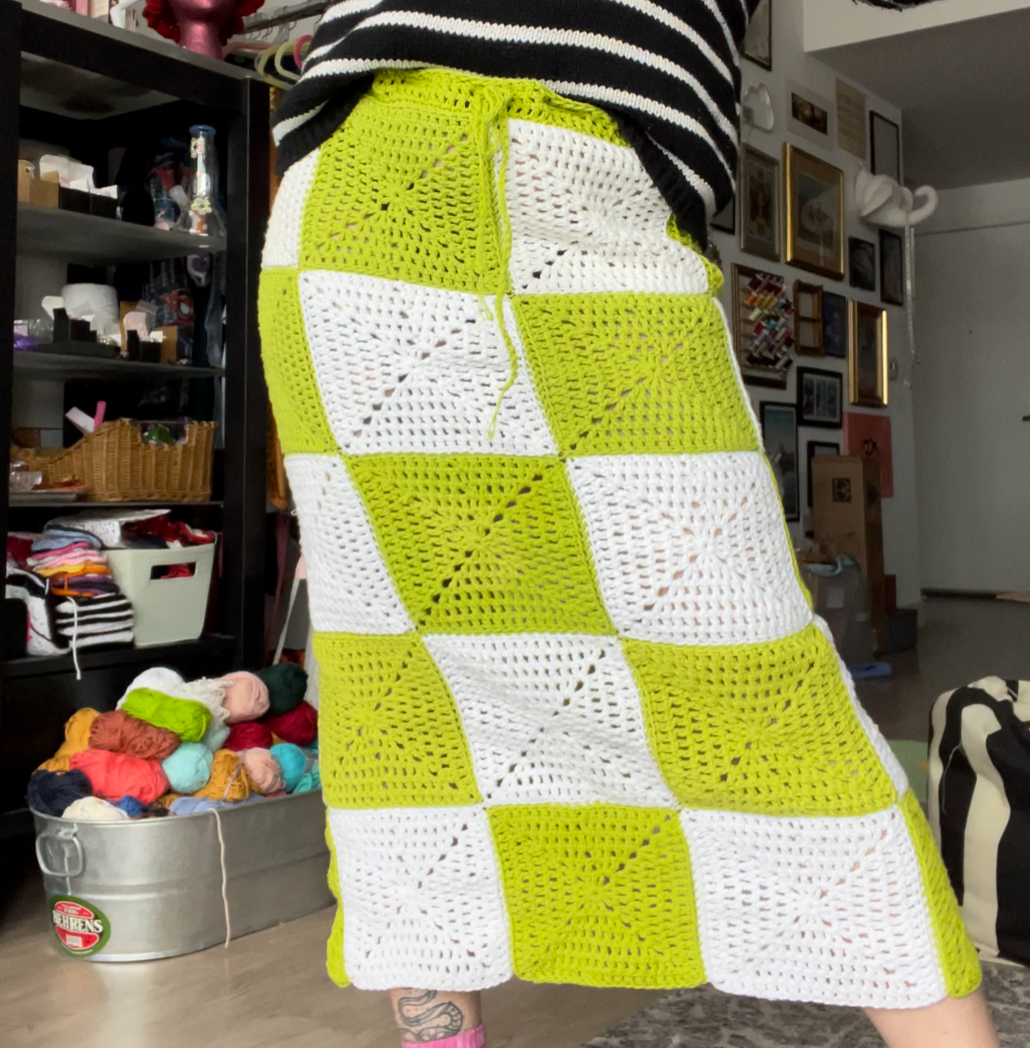lime + white checkerboard skirt