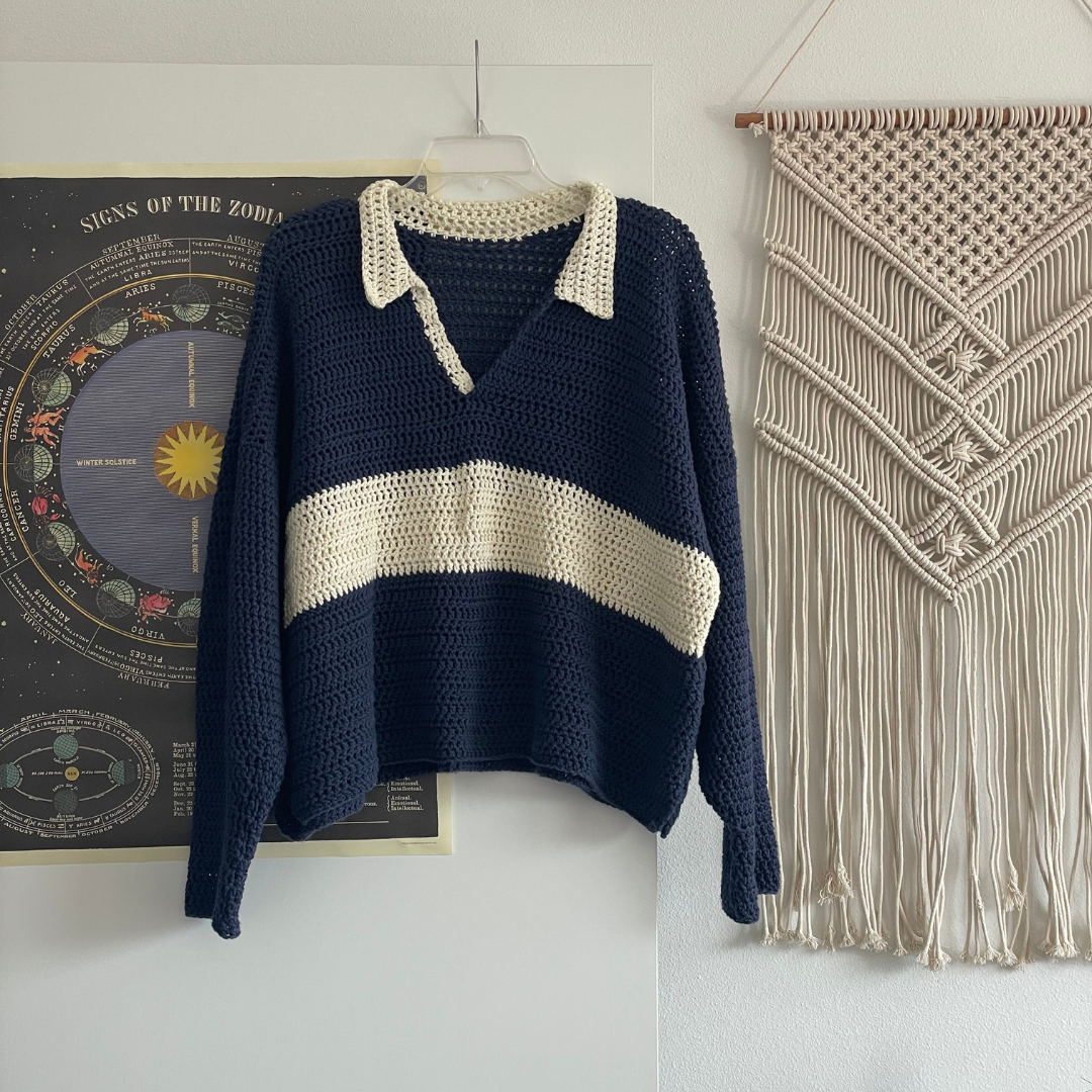 navy + cream crochet polo shirt